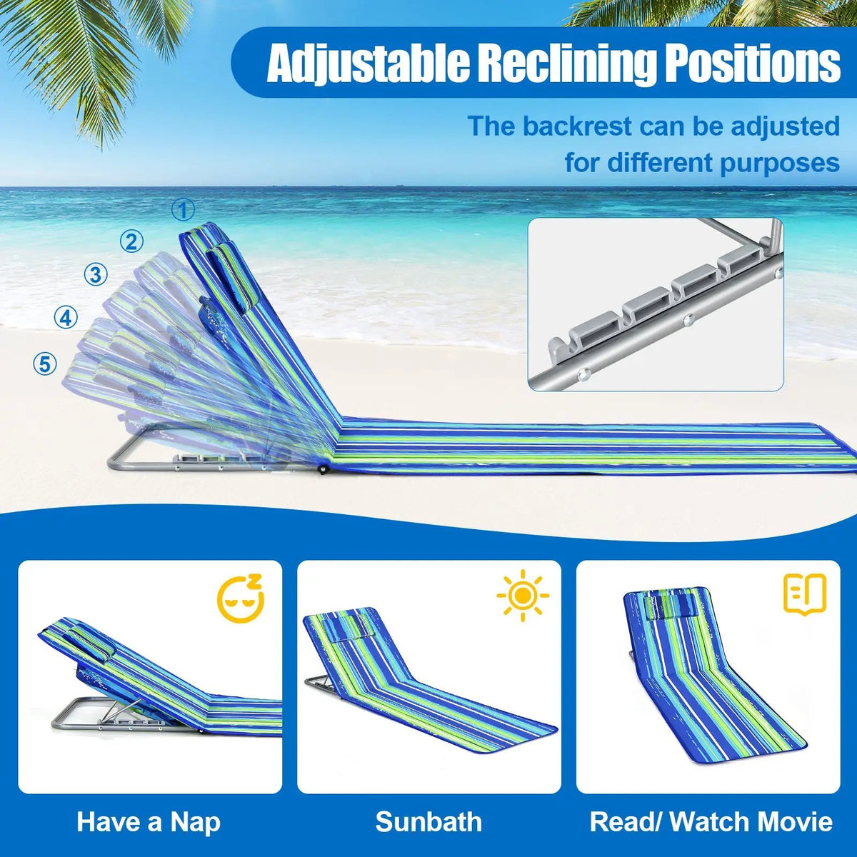 3 Pieces Beach Lounge Chair Mat Set 2 Adjustable Lounge Chairs with Table Stripe, photo 5 of 8