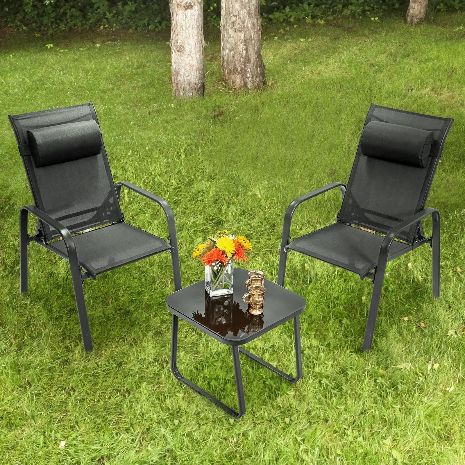 3 Pieces Patio Bistro Furniture Set with Adjustable Backrest by DirectDeals