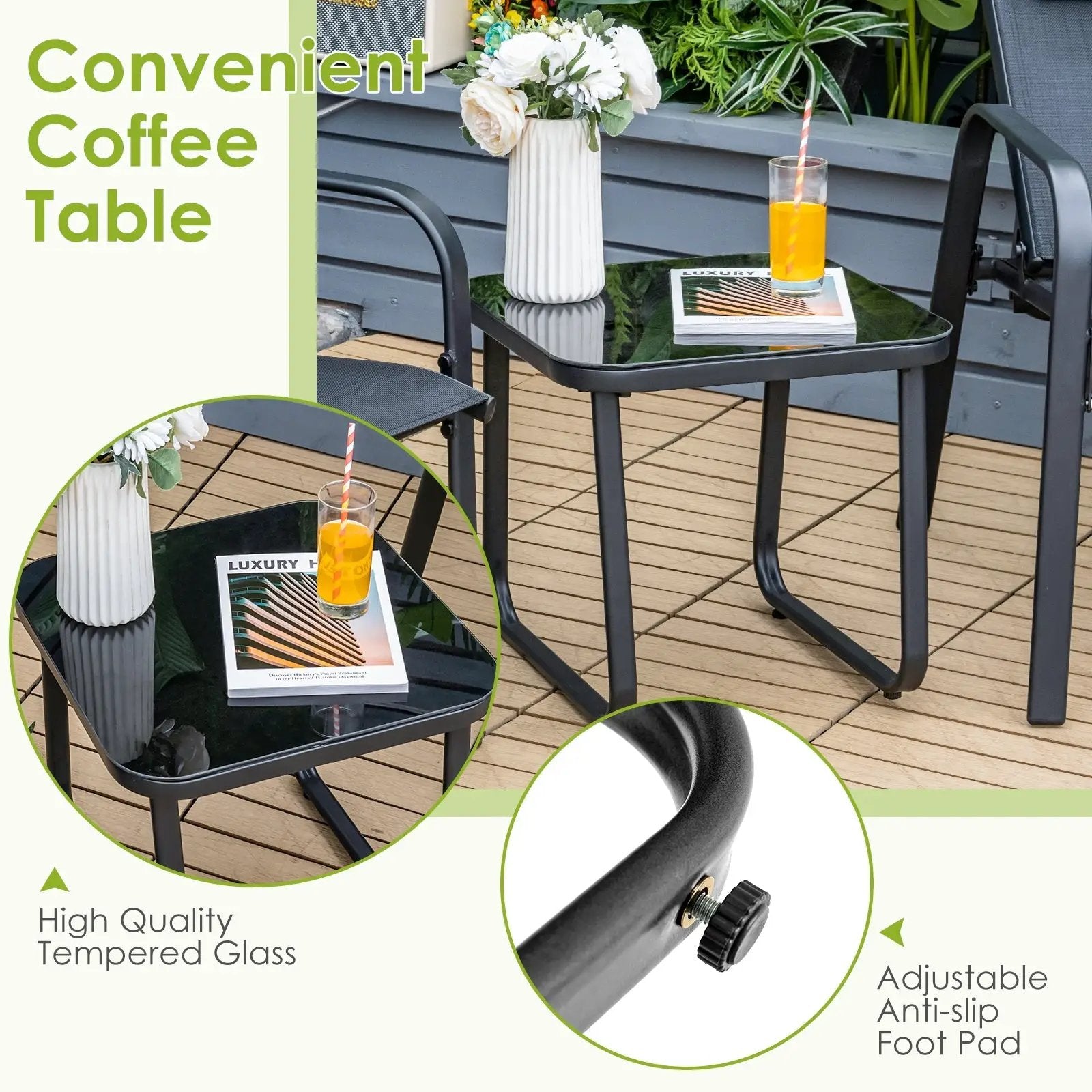 3 Pieces Patio Bistro Furniture Set with Adjustable Backrest by DirectDeals