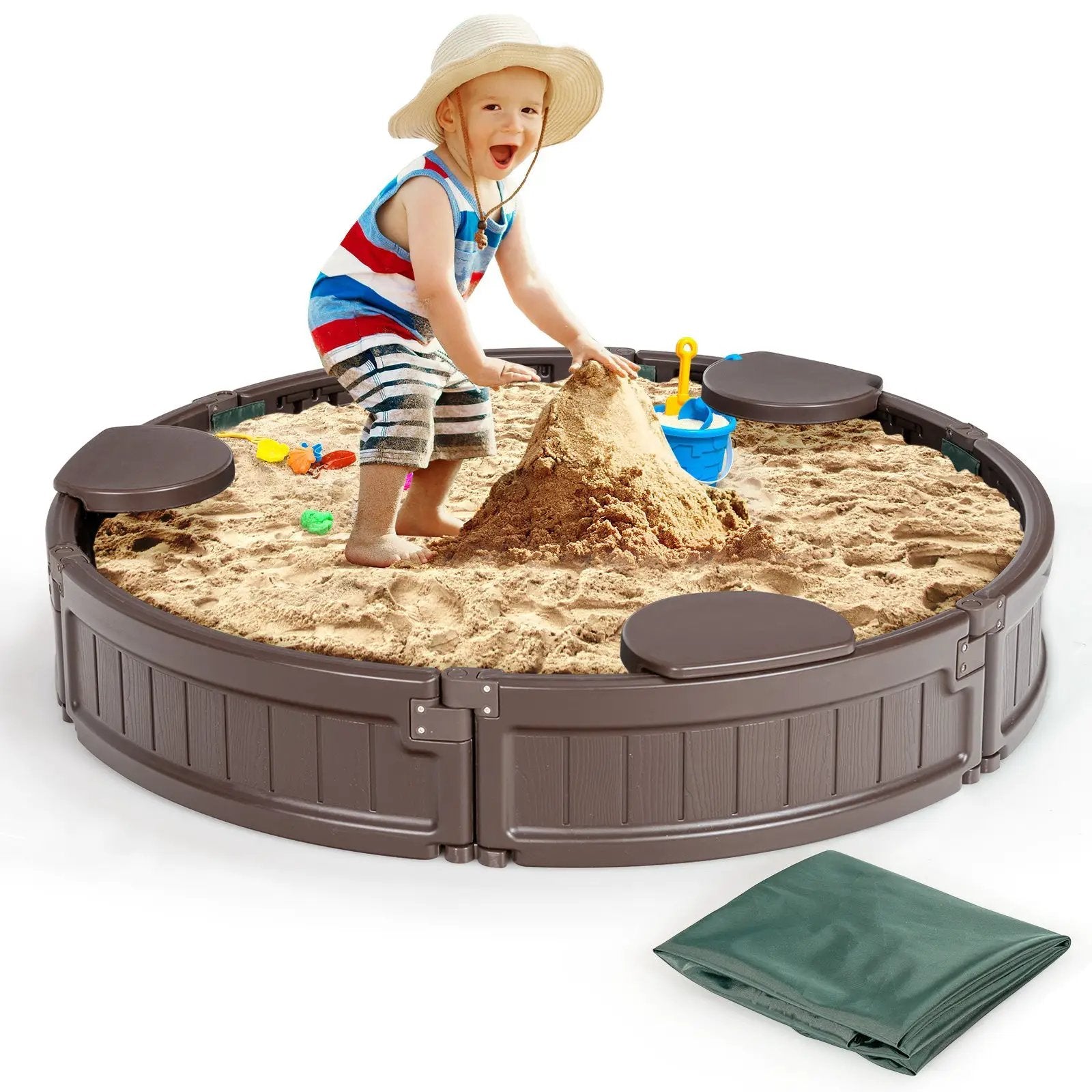 Sandbox with Built-in Corner Seat and Cover-Brown by DirectDeals