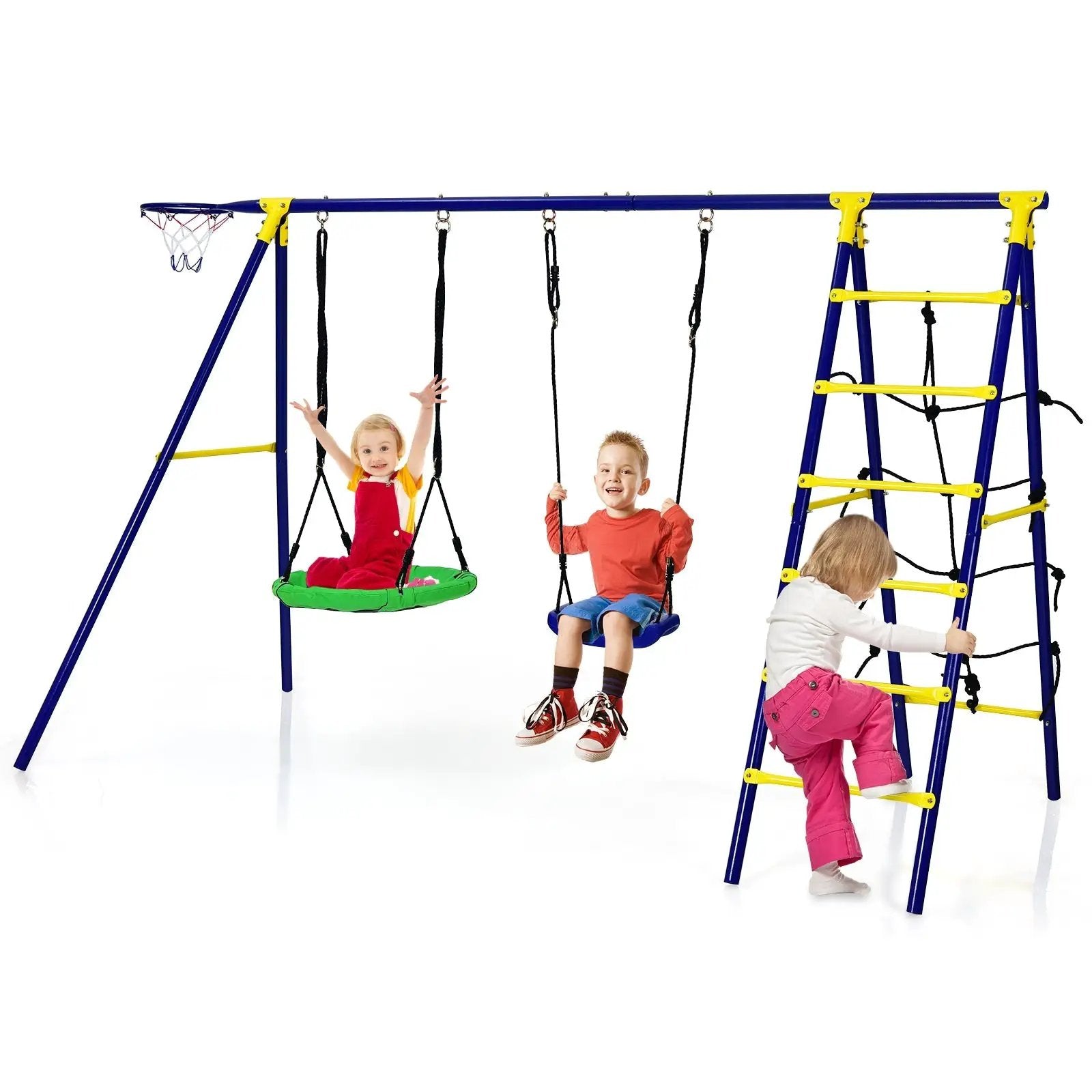 5-In-1 Outdoor Kids Swing Set with A-Shaped Metal Frame and Ground Stake by DirectDeals
