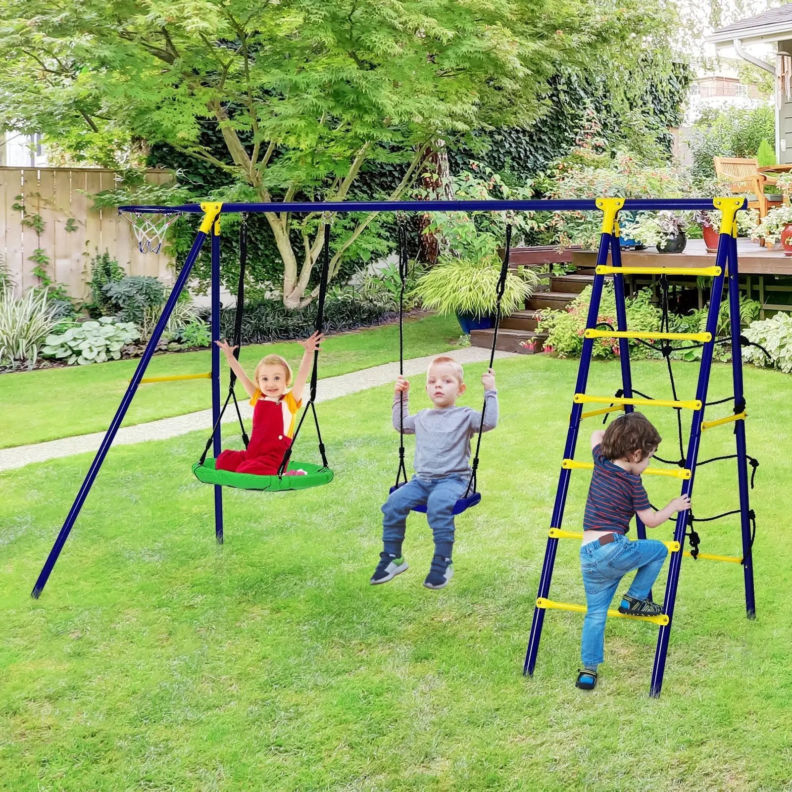 5-In-1 Outdoor Kids Swing Set with A-Shaped Metal Frame and Ground Stake by DirectDeals