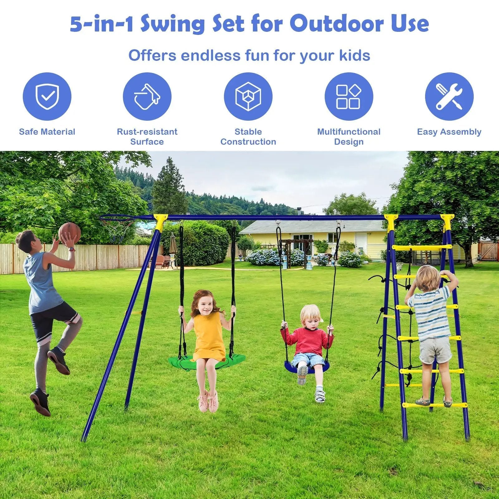 5-In-1 Outdoor Kids Swing Set with A-Shaped Metal Frame and Ground Stake by DirectDeals