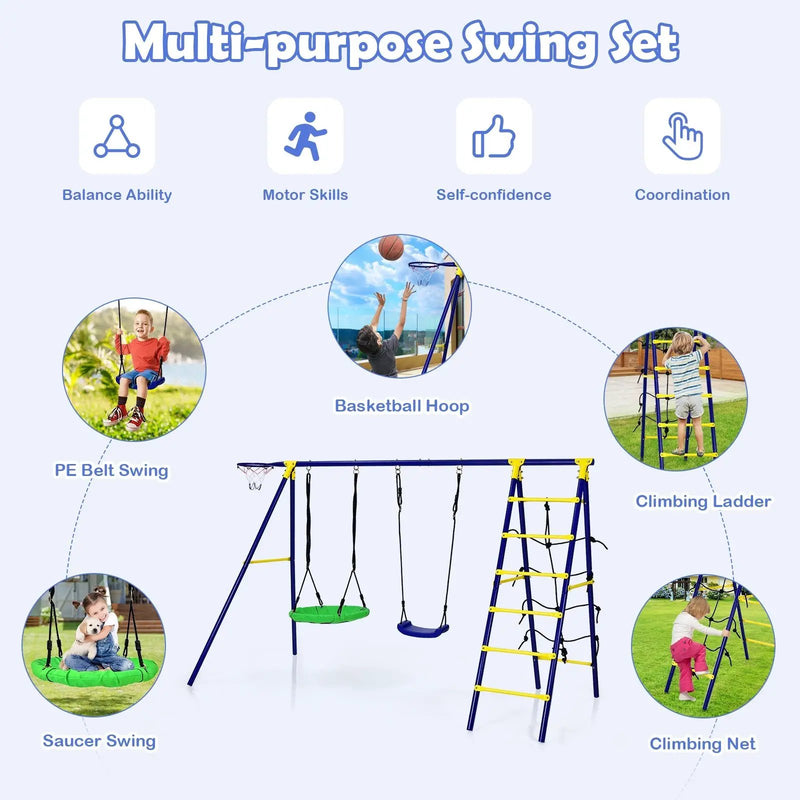 5-In-1 Outdoor Kids Swing Set with A-Shaped Metal Frame and Ground Stake by DirectDeals