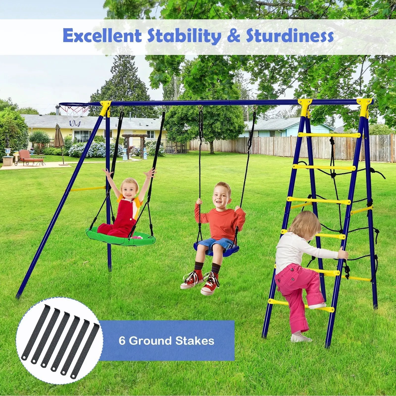 5-In-1 Outdoor Kids Swing Set with A-Shaped Metal Frame and Ground Stake by DirectDeals