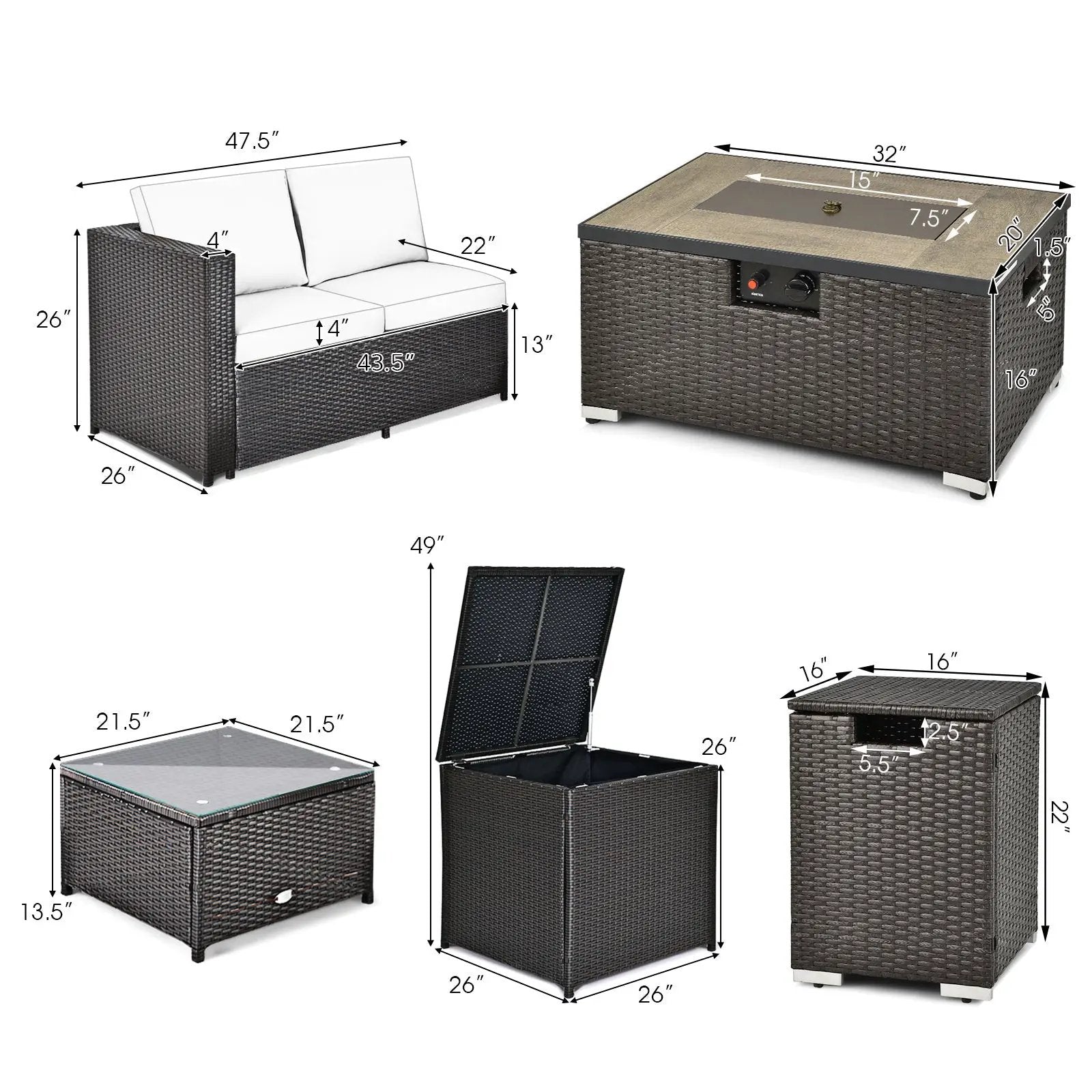 6 Pieces Outdoor Wicker Furniture Set with 32 Inch Propane Fire Pit Table by DirectDeals