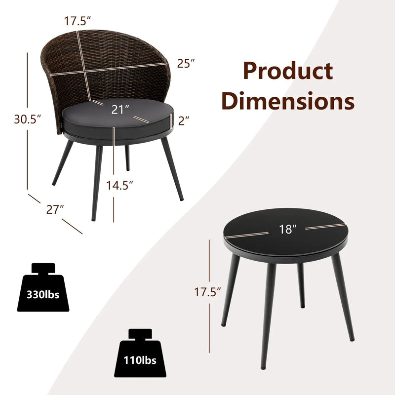 3 Pieces Patio Rattan Bistro Set with 2 Seat Cushions and Tempered Glass Tabletop-Brown by DirectDeals