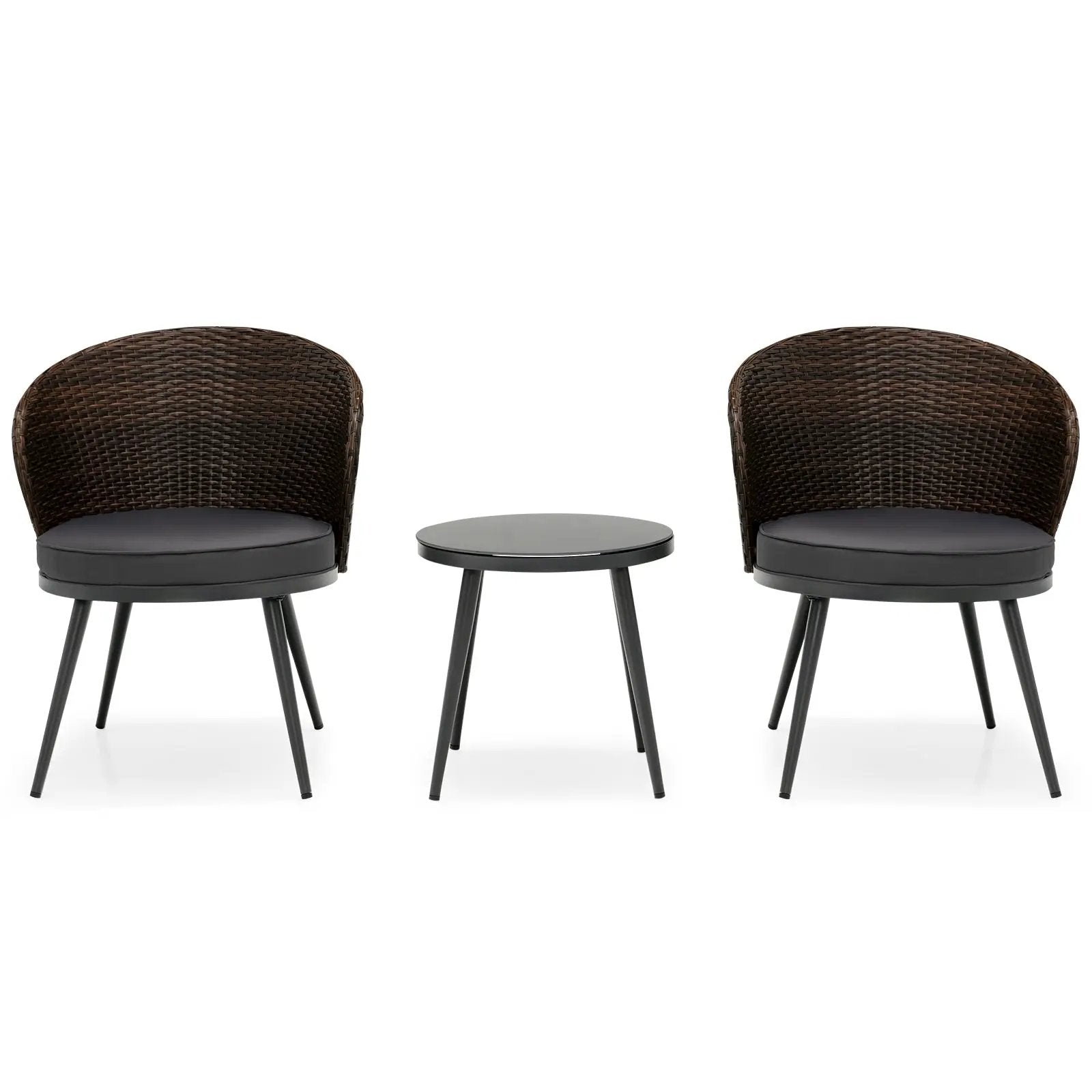 3 Pieces Patio Rattan Bistro Set with 2 Seat Cushions and Tempered Glass Tabletop-Brown by DirectDeals