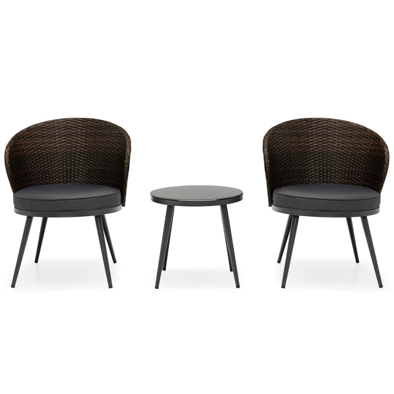 3 Pieces Patio Rattan Bistro Set with 2 Seat Cushions and Tempered Glass Tabletop-Brown by DirectDeals