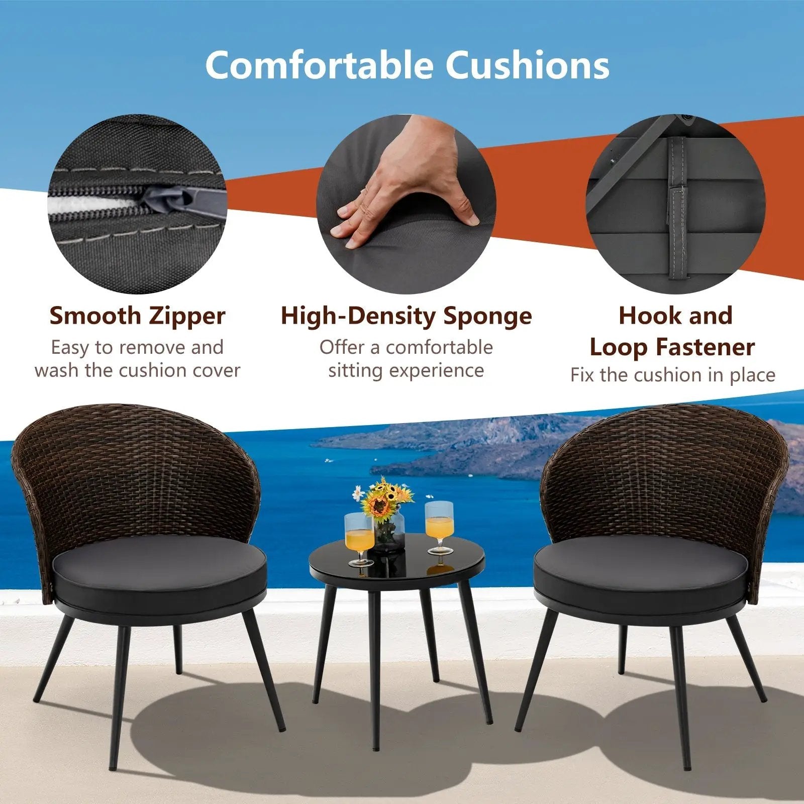 3 Pieces Patio Rattan Bistro Set with 2 Seat Cushions and Tempered Glass Tabletop-Brown by DirectDeals