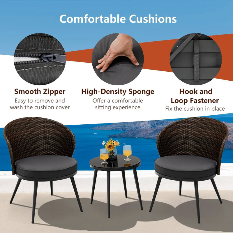 3 Pieces Patio Rattan Bistro Set with 2 Seat Cushions and Tempered Glass Tabletop-Brown by DirectDeals