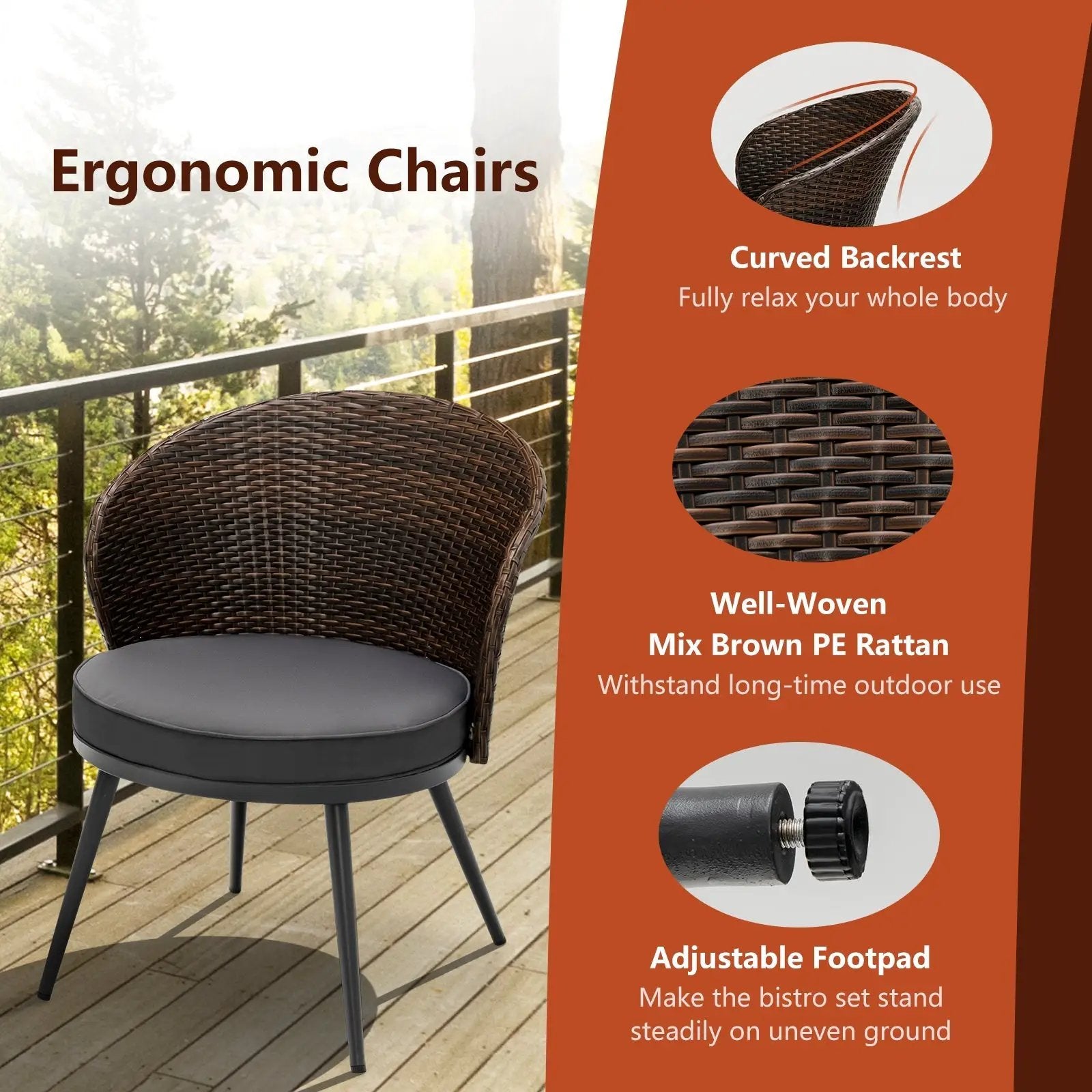 3 Pieces Patio Rattan Bistro Set with 2 Seat Cushions and Tempered Glass Tabletop-Brown by DirectDeals