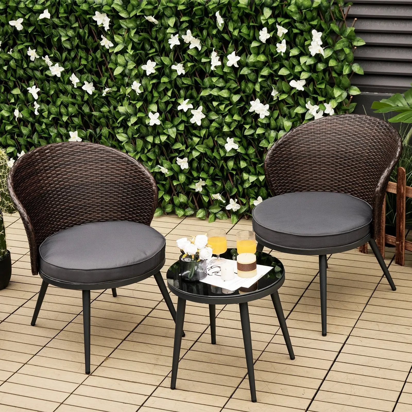3 Pieces Patio Rattan Bistro Set with 2 Seat Cushions and Tempered Glass Tabletop-Brown by DirectDeals