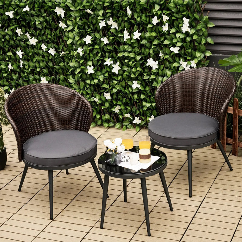 3 Pieces Patio Rattan Bistro Set with 2 Seat Cushions and Tempered Glass Tabletop-Brown by DirectDeals