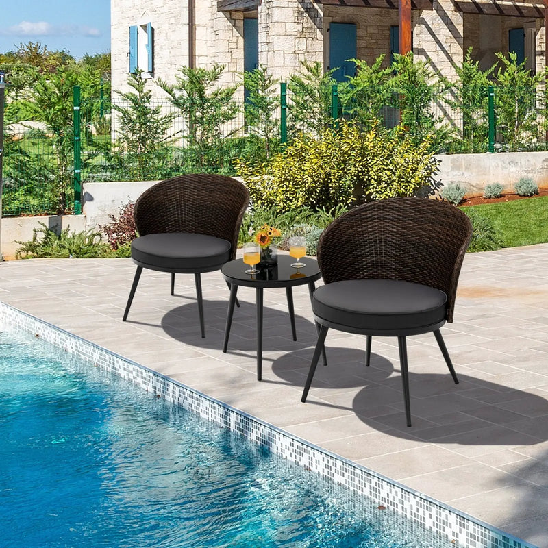 3 Pieces Patio Rattan Bistro Set with 2 Seat Cushions and Tempered Glass Tabletop-Brown by DirectDeals