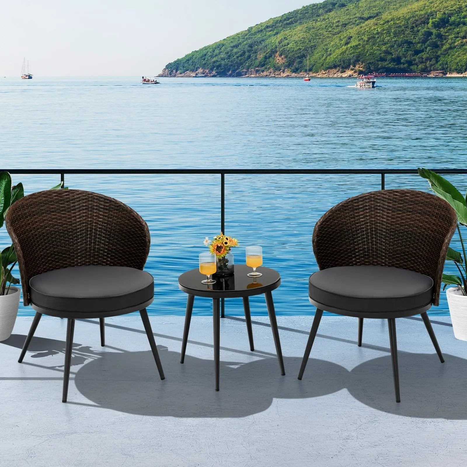3 Pieces Patio Rattan Bistro Set with 2 Seat Cushions and Tempered Glass Tabletop-Brown by DirectDeals