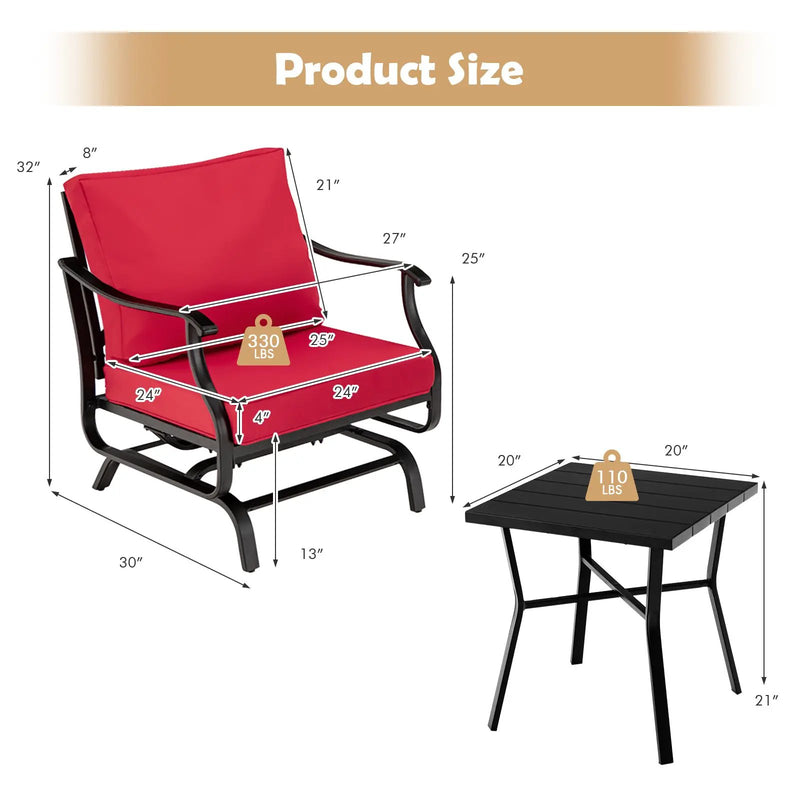 3 Piece Patio Rocking Chair Set with Coffee Table-Red by DirectDeals