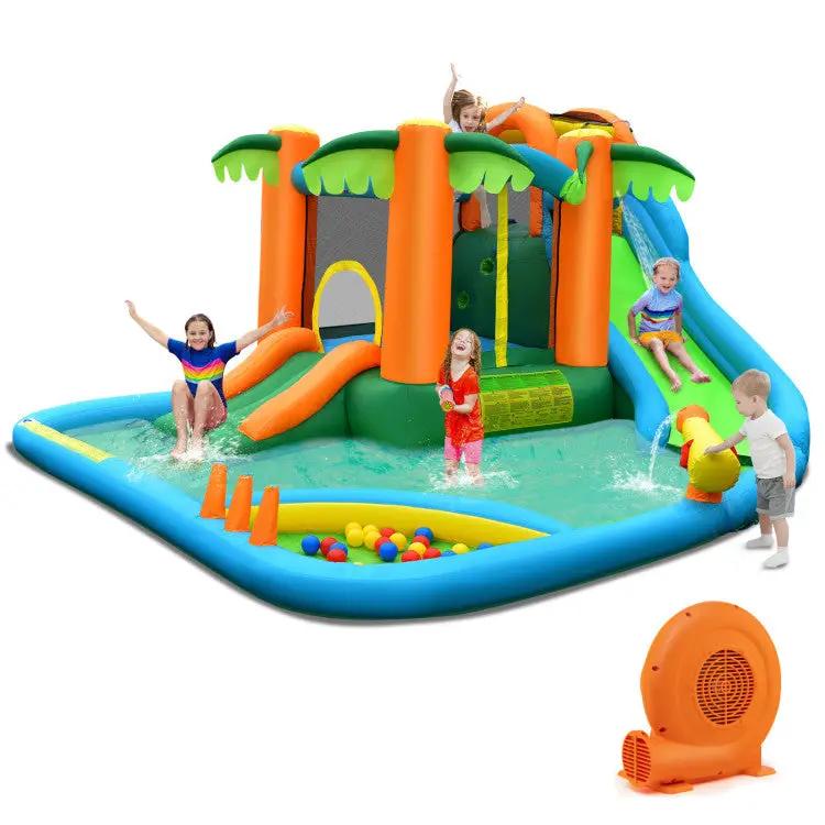 7-in-1 Inflatable Water Slide Park with Trampoline Climbing and 680W Blower by DirectDeals