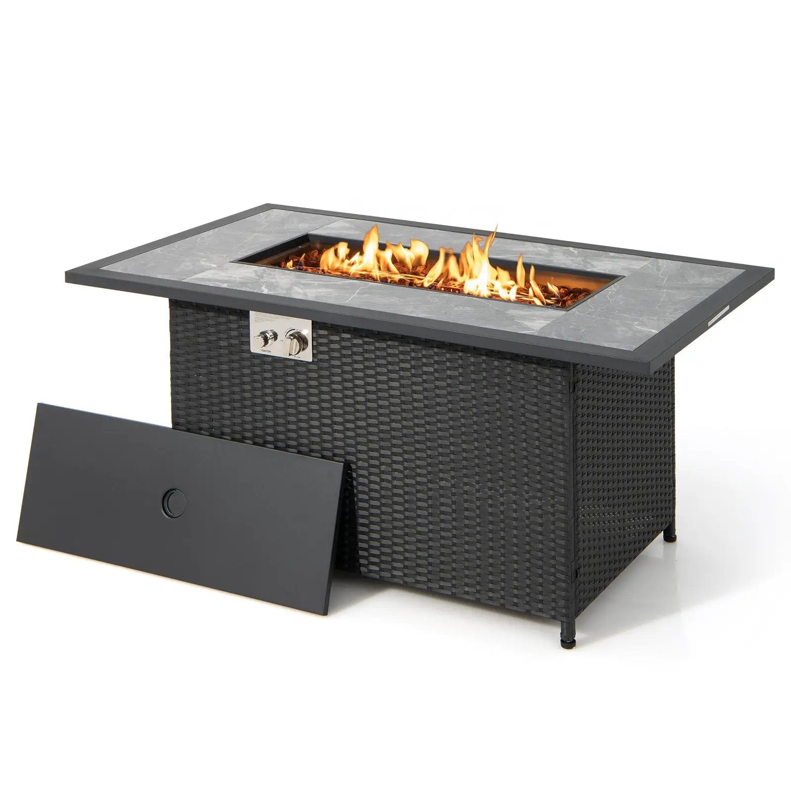 52 Inch Rattan Wicker Propane Fire Pit Table with Rain Cover and Lava Rock-Black by DirectDeals