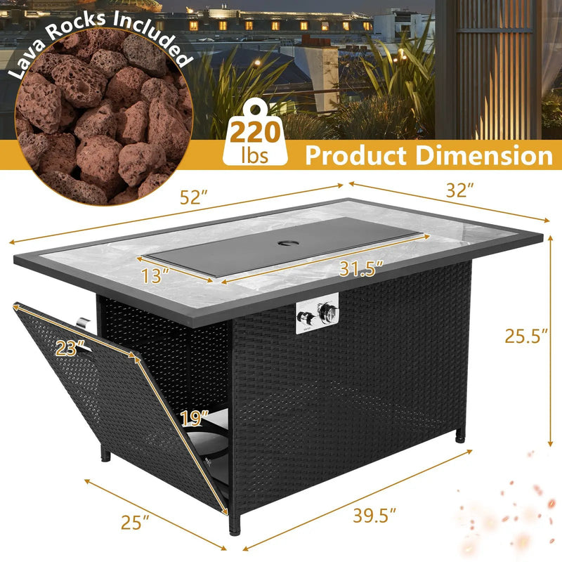 52 Inch Rattan Wicker Propane Fire Pit Table with Rain Cover and Lava Rock-Black by DirectDeals