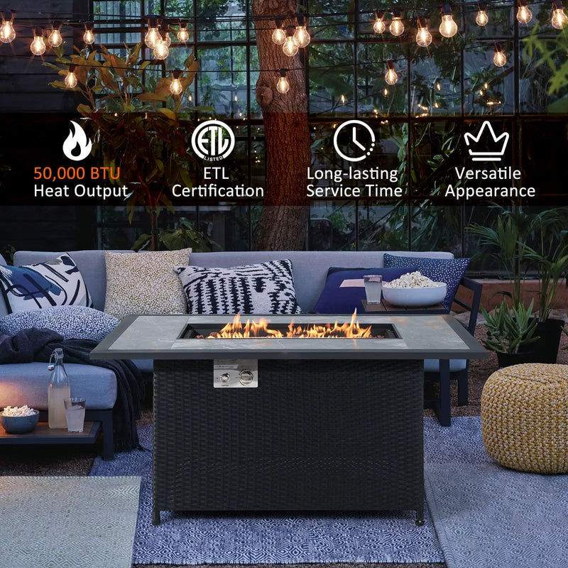 52 Inch Rattan Wicker Propane Fire Pit Table with Rain Cover and Lava Rock-Black by DirectDeals