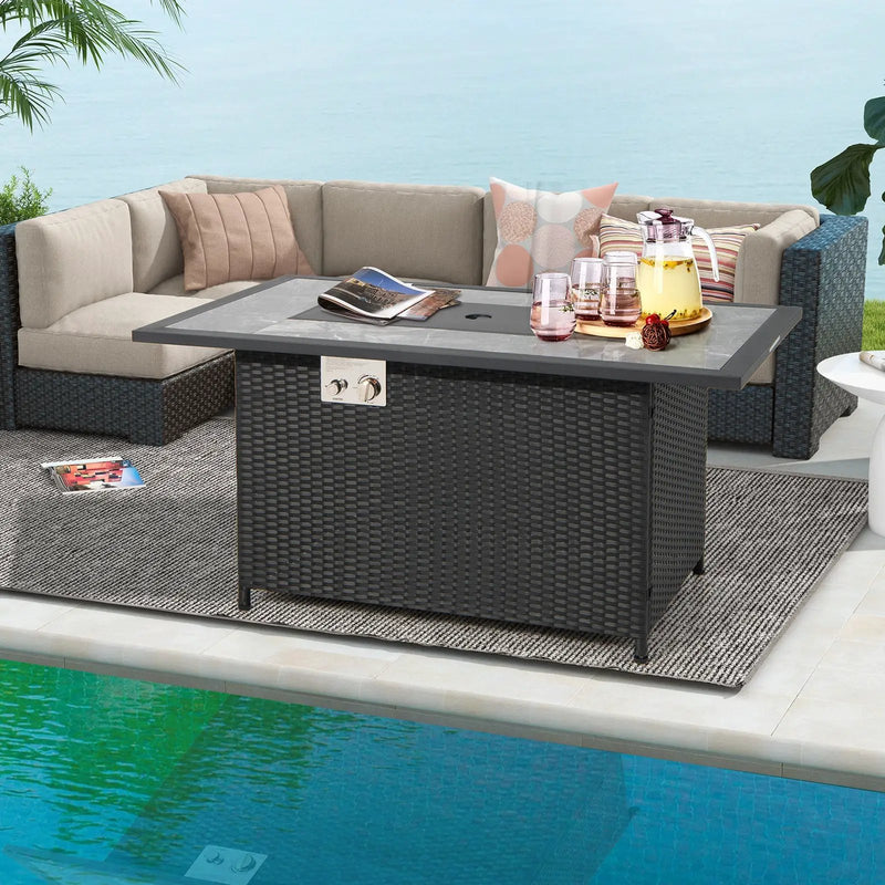 52 Inch Rattan Wicker Propane Fire Pit Table with Rain Cover and Lava Rock-Black by DirectDeals