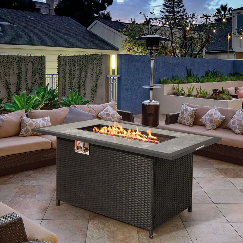 52 Inch Rattan Wicker Propane Fire Pit Table with Rain Cover and Lava Rock-Black by DirectDeals