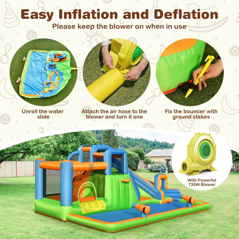 7-in-1 Inflatable Giant Water Park Bouncer with Dual Climbing Walls and 735W Blower by DirectDeals