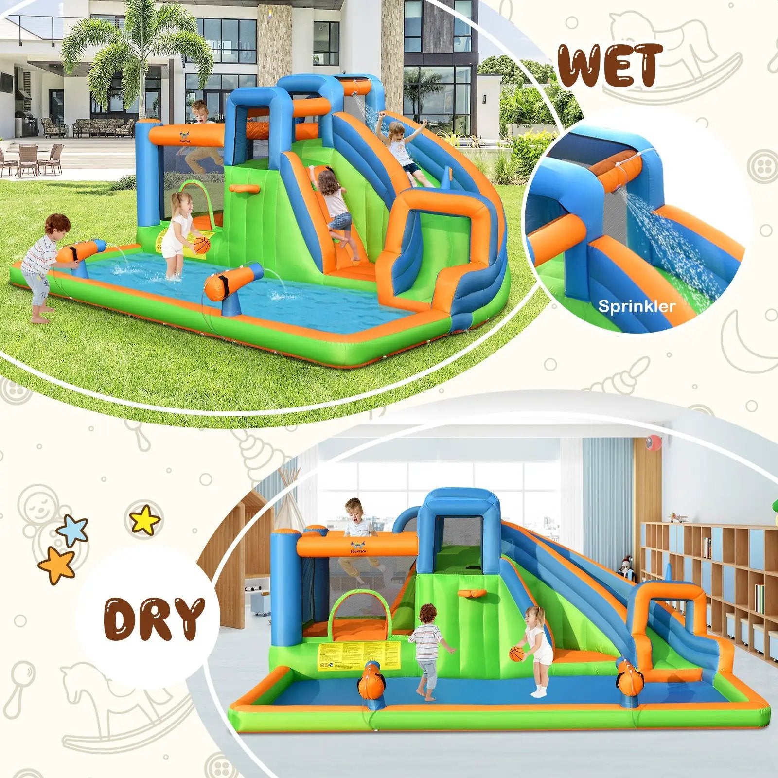 7-in-1 Inflatable Giant Water Park Bouncer with Dual Climbing Walls and 735W Blower by DirectDeals