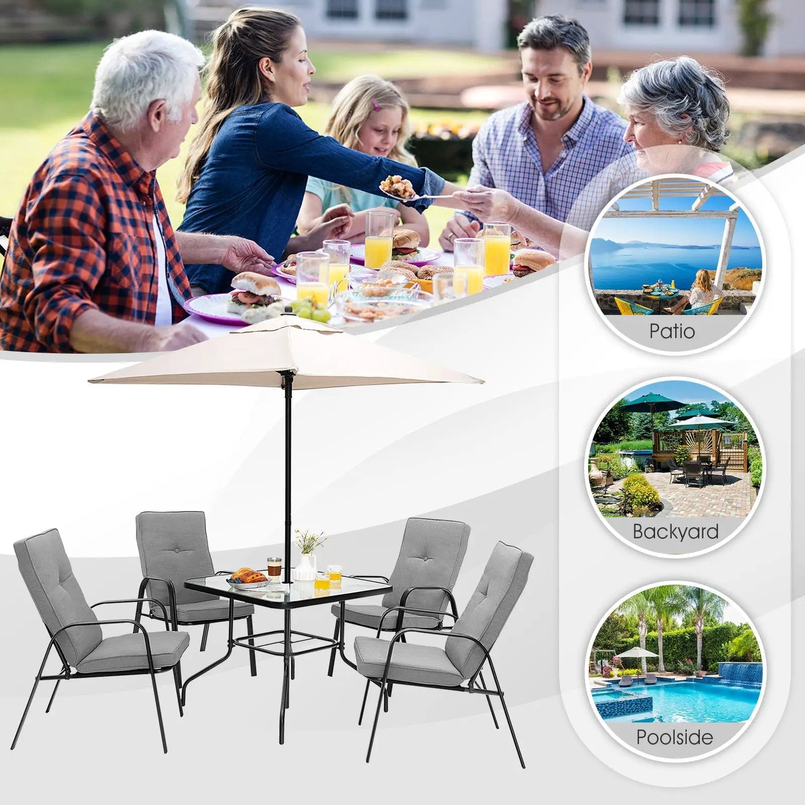 6 Pieces Patio Dining Set with Umbrella and Stackable Cushioned Chairs by DirectDeals