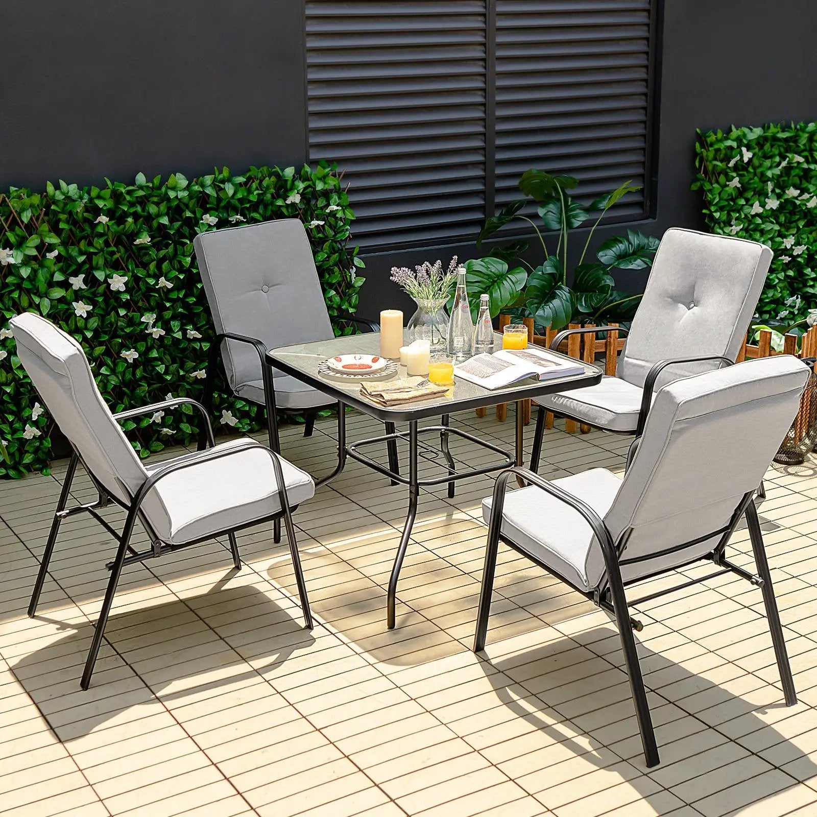 6 Pieces Patio Dining Set with Umbrella and Stackable Cushioned Chairs by DirectDeals