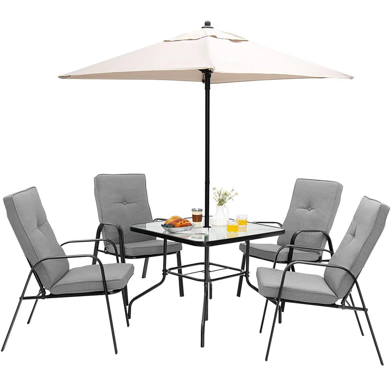 6 Pieces Patio Dining Set with Umbrella and Stackable Cushioned Chairs by DirectDeals