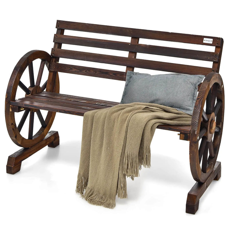 2-Person Outdoor Wooden Wagon Wheel Garden Bench-Brown by DirectDeals
