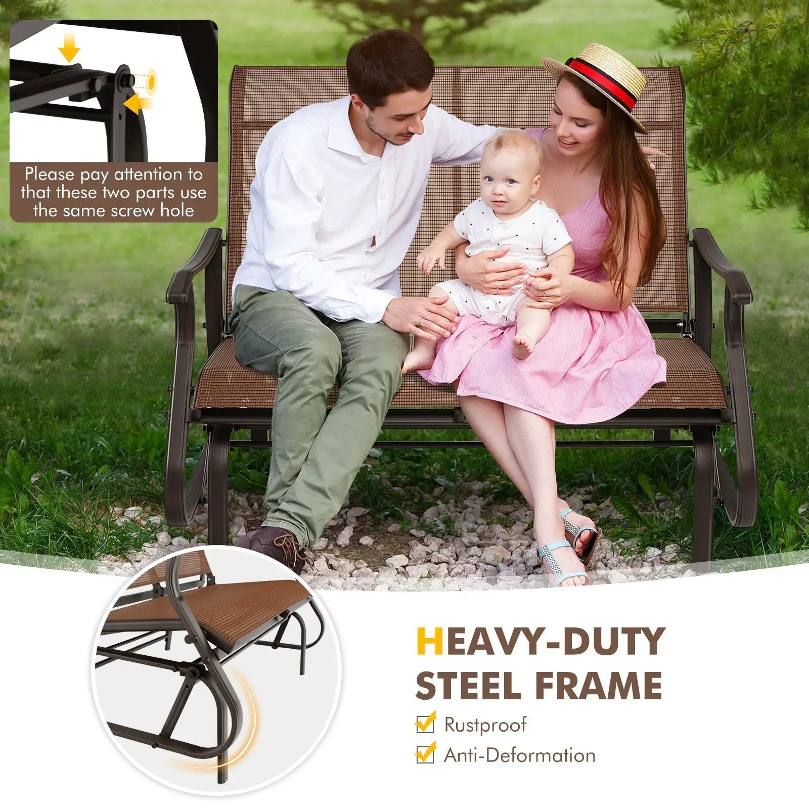 2-Person Patio Glider Bench with High Back and Curved Armrests-Brown by DirectDeals