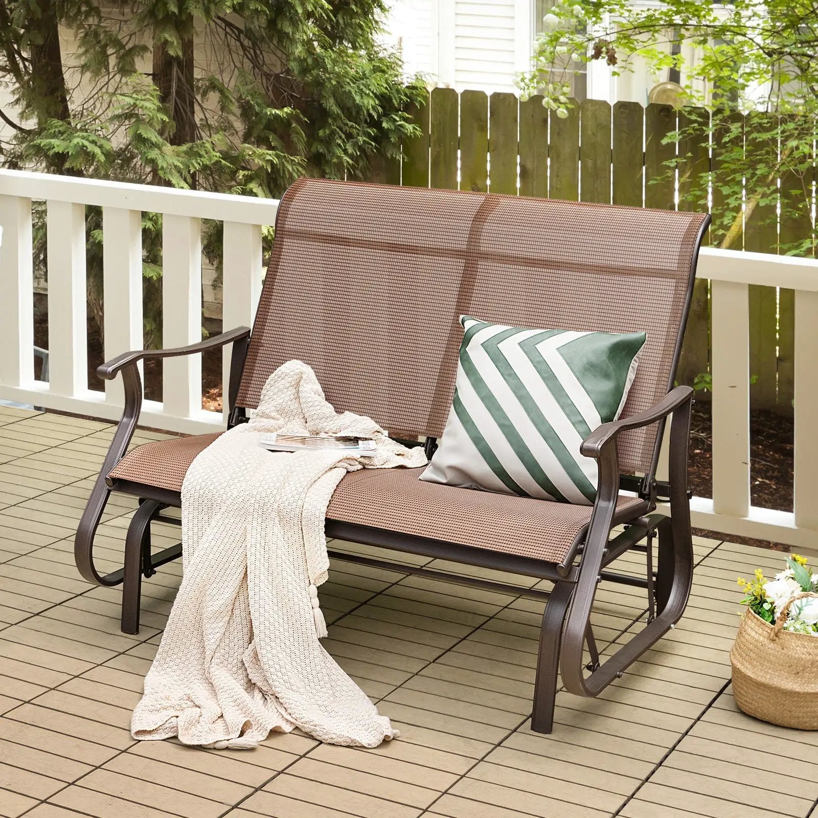2-Person Patio Glider Bench with High Back and Curved Armrests-Brown by DirectDeals