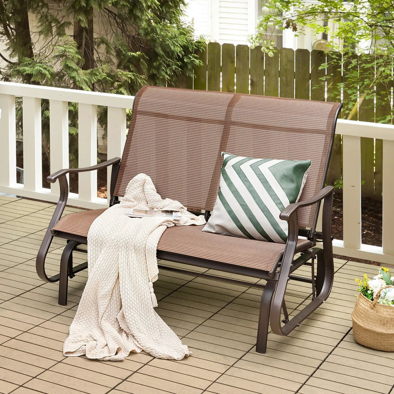 2-Person Patio Glider Bench with High Back and Curved Armrests-Brown by DirectDeals