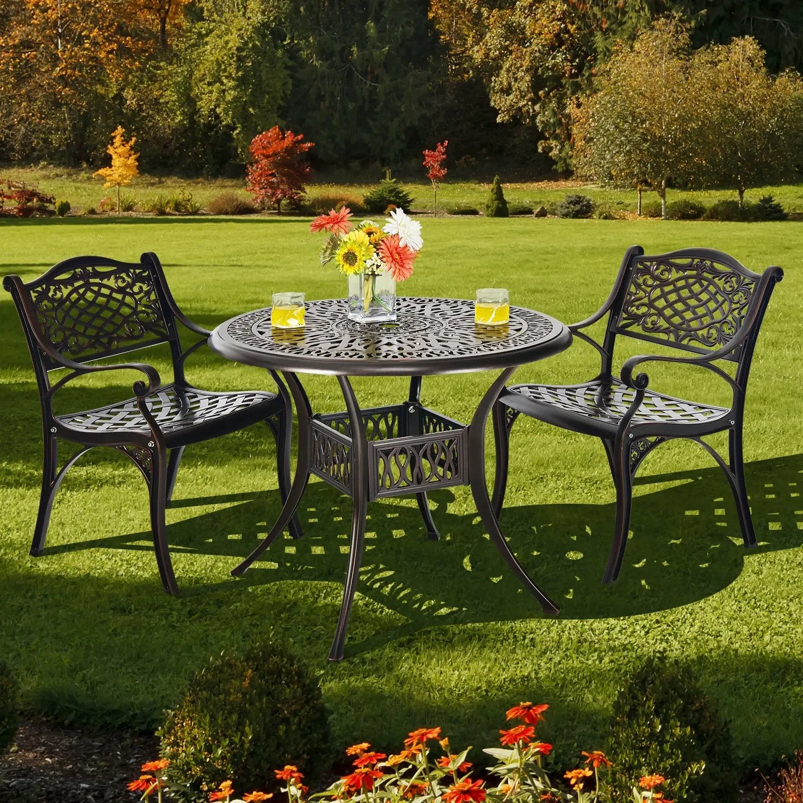 36 Inch Patio Round Dining Bistro Table with Umbrella Hole-Brown by DirectDeals