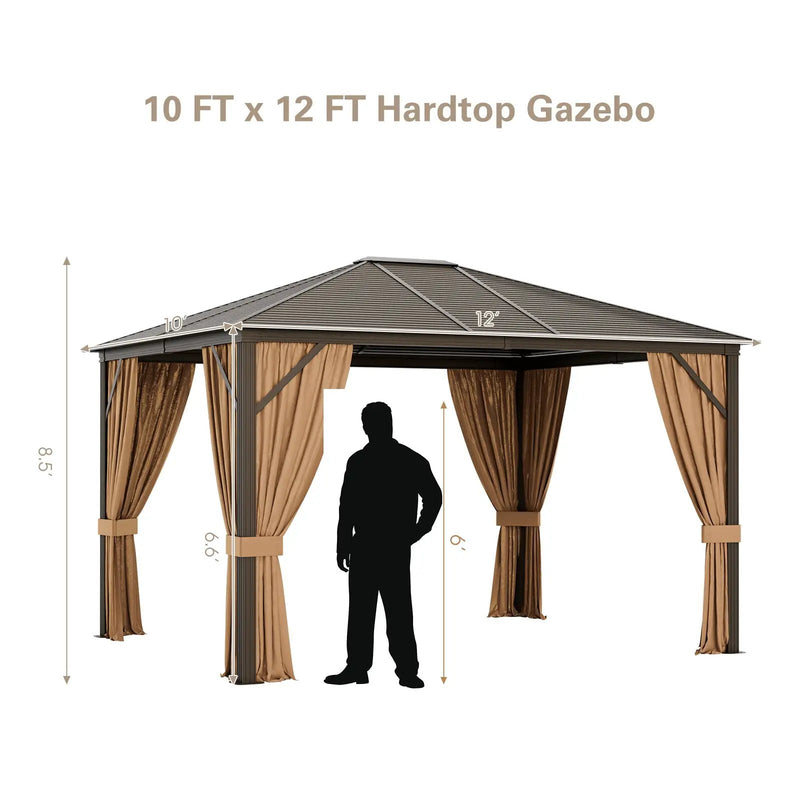 12 x10 Feet Outdoor Hardtop Gazebo with Galvanized Steel Top and Netting-Brown by DirectDeals