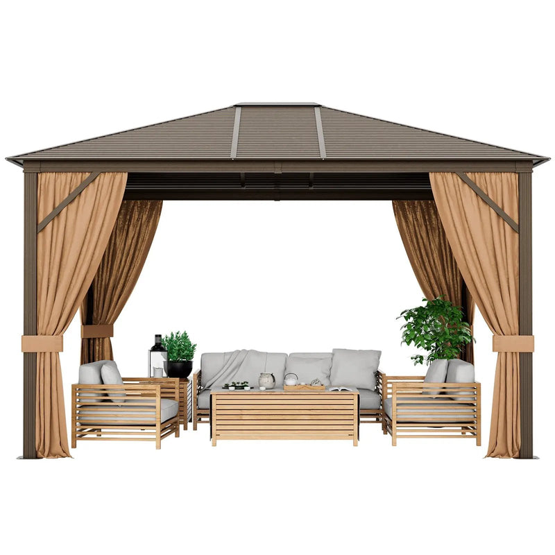 12 x10 Feet Outdoor Hardtop Gazebo with Galvanized Steel Top and Netting-Brown by DirectDeals