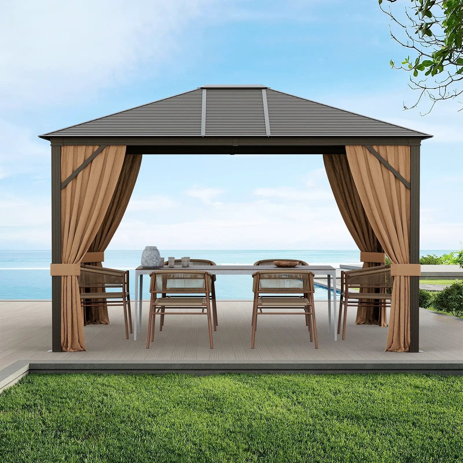 12 x10 Feet Outdoor Hardtop Gazebo with Galvanized Steel Top and Netting-Brown by DirectDeals