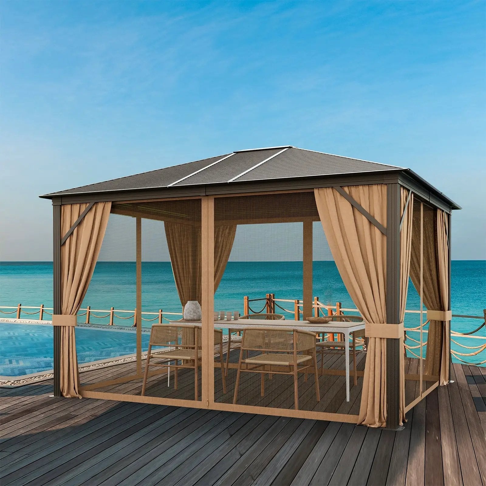 12 x10 Feet Outdoor Hardtop Gazebo with Galvanized Steel Top and Netting-Brown by DirectDeals