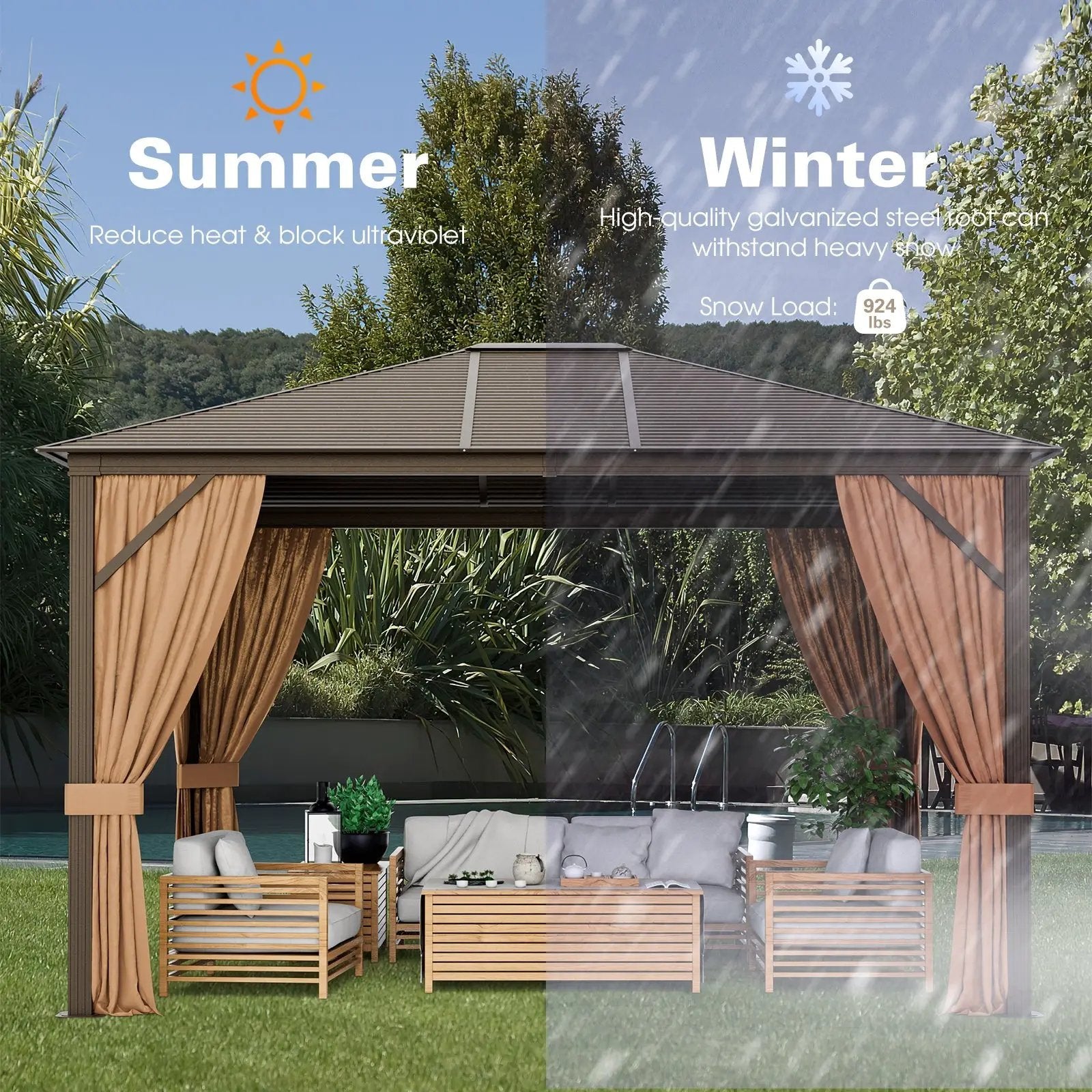 12 x10 Feet Outdoor Hardtop Gazebo with Galvanized Steel Top and Netting-Brown by DirectDeals