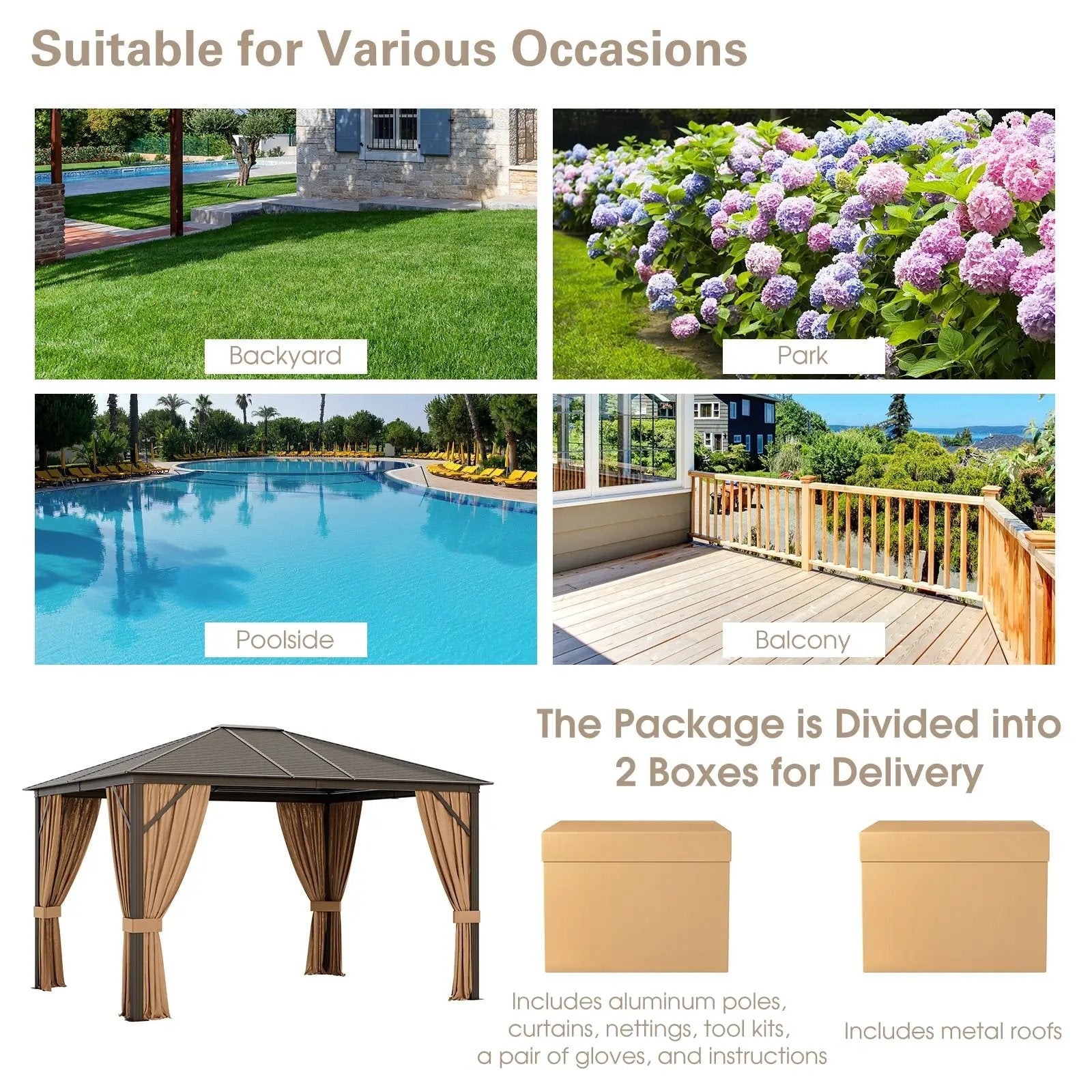 12 x10 Feet Outdoor Hardtop Gazebo with Galvanized Steel Top and Netting-Brown by DirectDeals