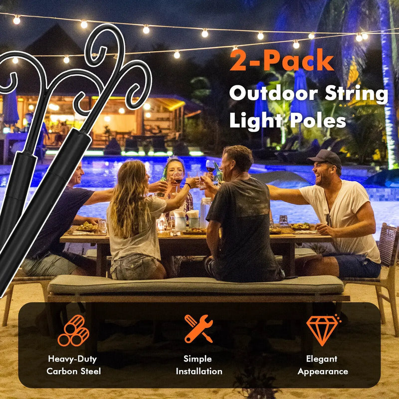 String Light Poles 2 Pack Outdoor Metal Poles with Top Arc Hook and 5-Prong Base by DirectDeals