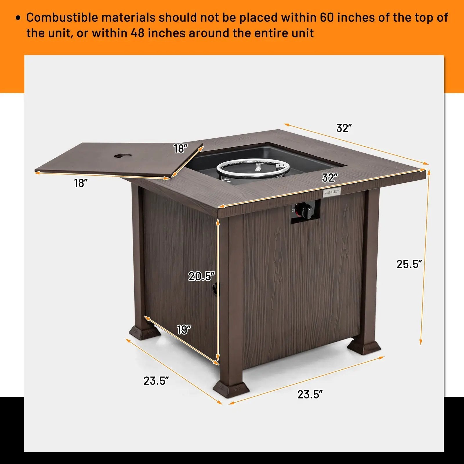 32 Inch 50 000 BTU Square Fire Pit Table with Lid and Lava Rocks-Brown by DirectDeals