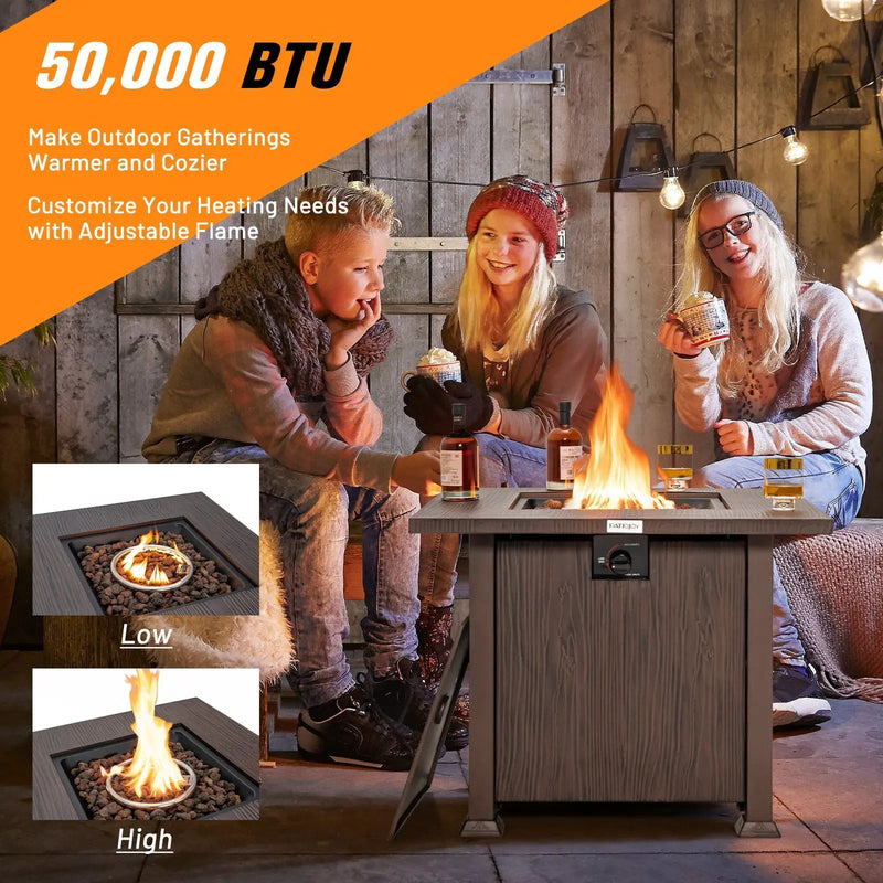 32 Inch 50 000 BTU Square Fire Pit Table with Lid and Lava Rocks-Brown by DirectDeals