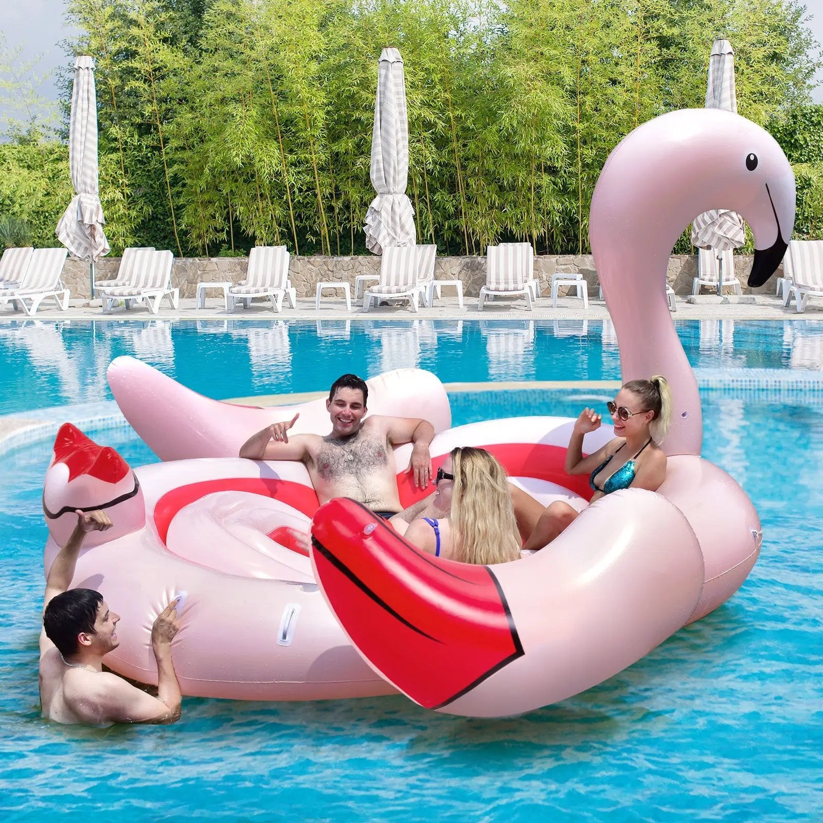 6 People Inflatable Flamingo Floating Island with 6 Cup Holders for Pool and River by DirectDeals