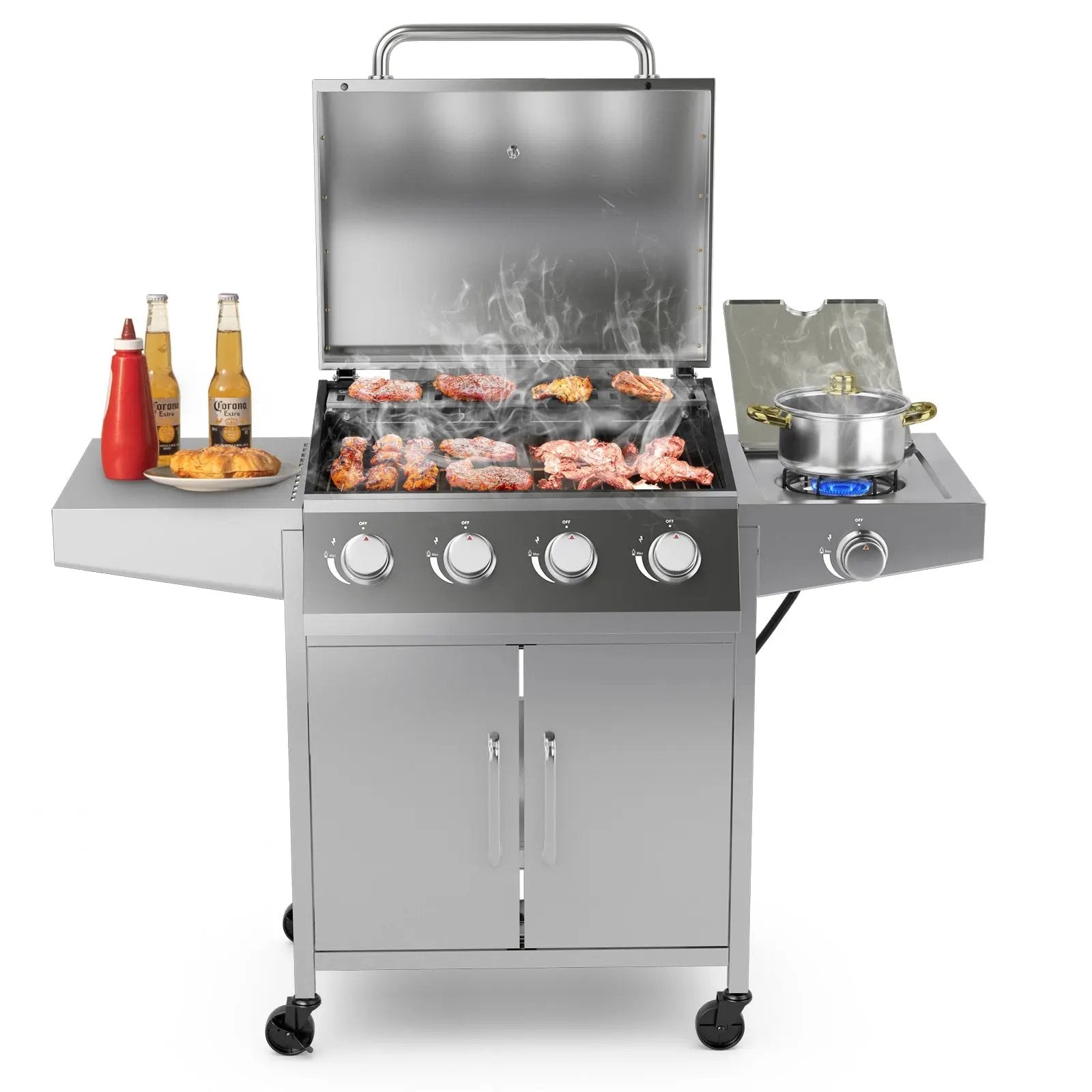 50000BTU 5-Burner Propane Gas Grill with Side Burner and 2 Prep Tables-Silver by DirectDeals