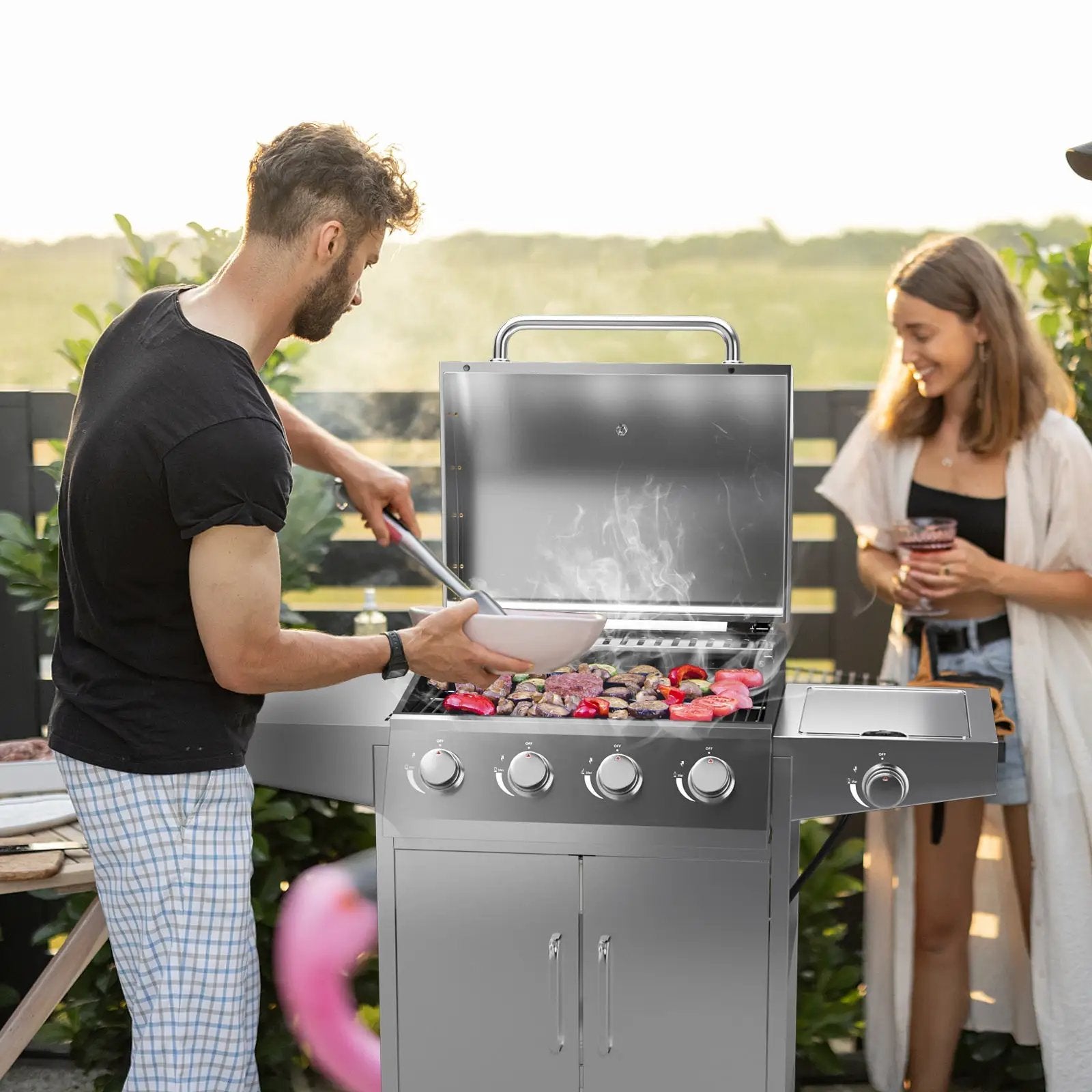 50000BTU 5-Burner Propane Gas Grill with Side Burner and 2 Prep Tables-Silver by DirectDeals