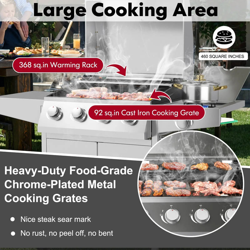 50000BTU 5-Burner Propane Gas Grill with Side Burner and 2 Prep Tables-Silver by DirectDeals